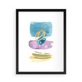 Plakat w ramie 50x70 - Taniec Akwarelowych Kresek - akwarelowe plamy w odcieniach błękitu, złote kreski - rama czarna