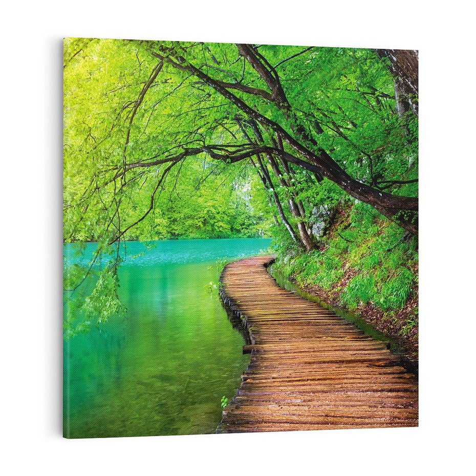 Obraz na płótnie 70x70 - Spokój nad jeziorem: Zatop się w naturze - jezioro, drzewa