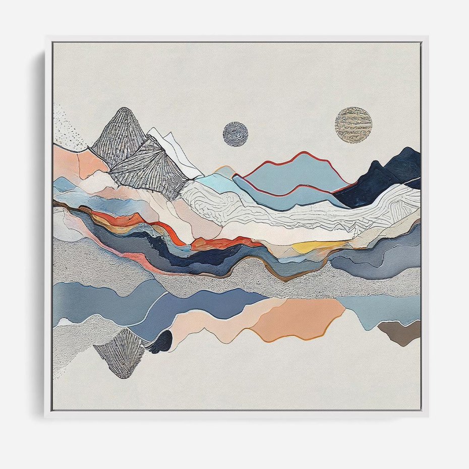 Obraz w ramie 80x80 - Dynamiczne Góry - akwarelowe graficzne góry, krajobraz - rama biała