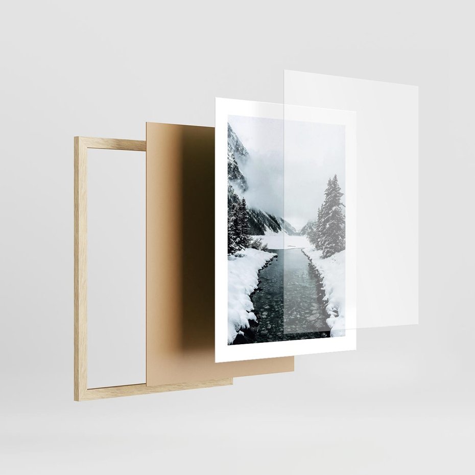 Plakat w ramie 30x40 - Zimowa Przyroda: Rzeka, Góry i Śnieg - zima, rzeka - rama drewno