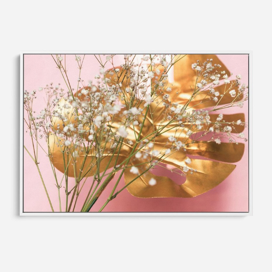 Obraz w ramie 70x50 - Blask Natury - złote, liście - rama biała