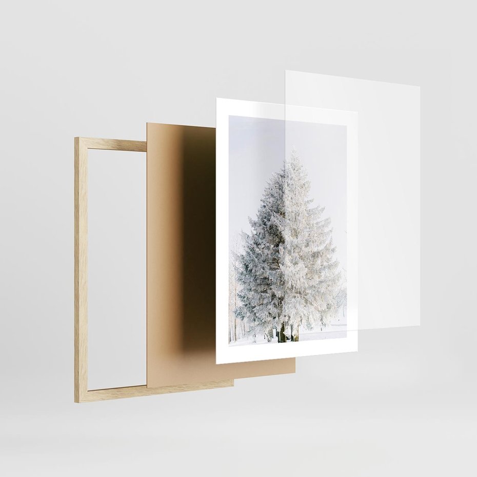 Plakat w ramie 30x40 - Zimowa Poezja w Ośnieżonym Drzewie - ośnieżone drzewo, zima - rama drewno