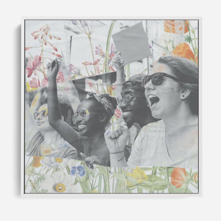 Obraz w ramie 80x80 - Księga zaklętych marzeń - kolaż, czarnobiałe zdjęcie wesołych młodych ludzi - rama biała