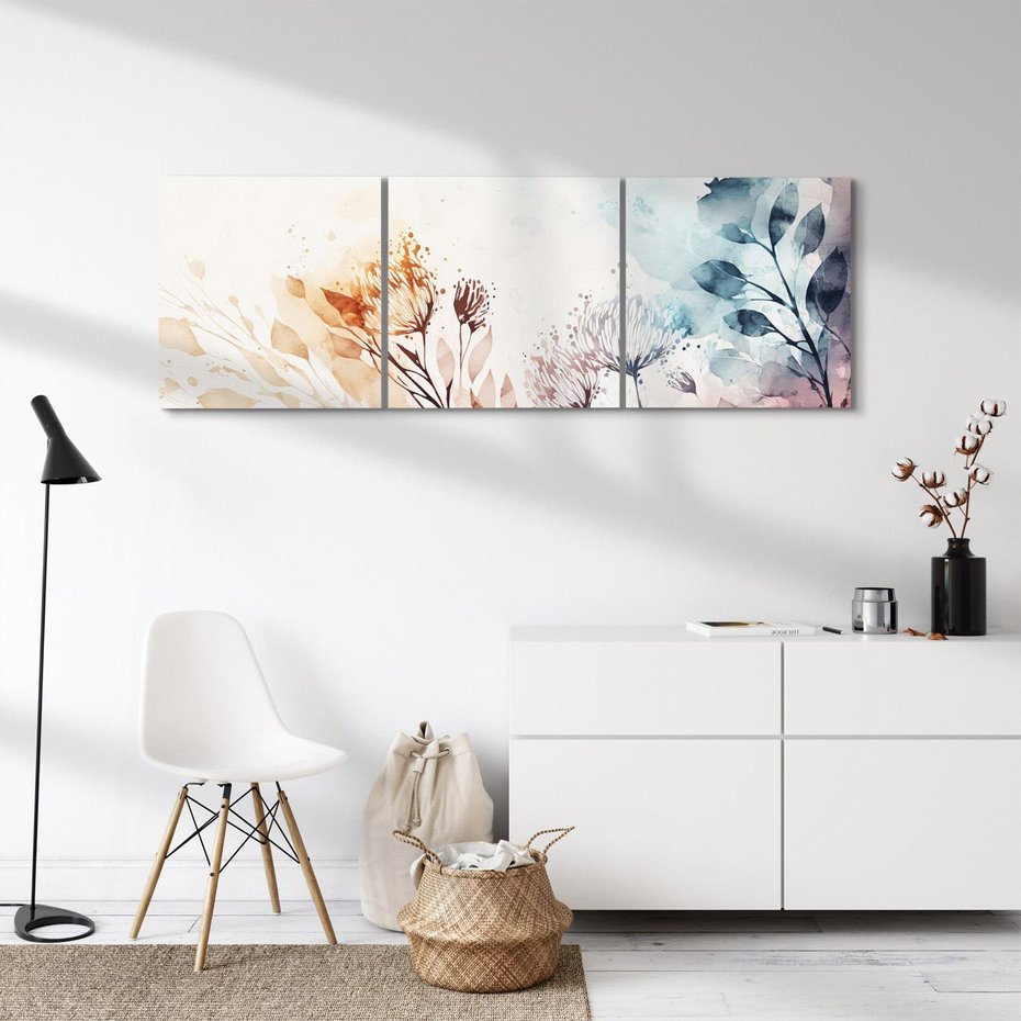 Obraz na płótnie 90x30 - Nostalgiczne tańce pędzla - akwarelowe kwiaty, gałęzie