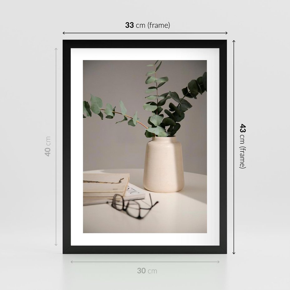 Plakat w ramie 30x40 - Eukaliptusowe liście w okularach - liście, eukaliptus - rama czarna