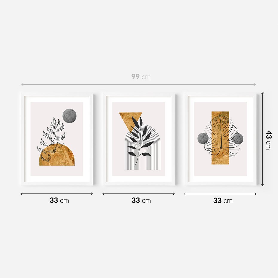 Zestaw obrazy w ramie 30x40 galeria - Złoto, liście, geometria - rama biała