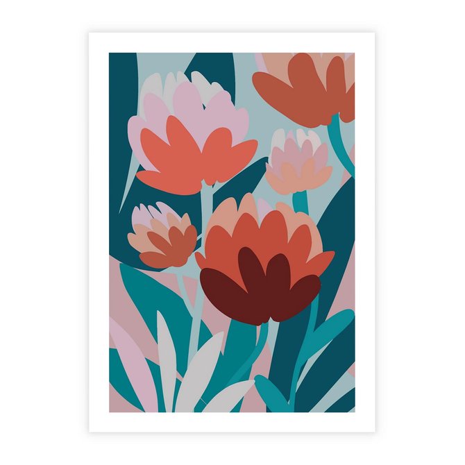 Plakat bez ramy 21x30 - Symfonia Kwiatów - abstrakcyjna kompozycja kwiatowych form, kolor zgaszone