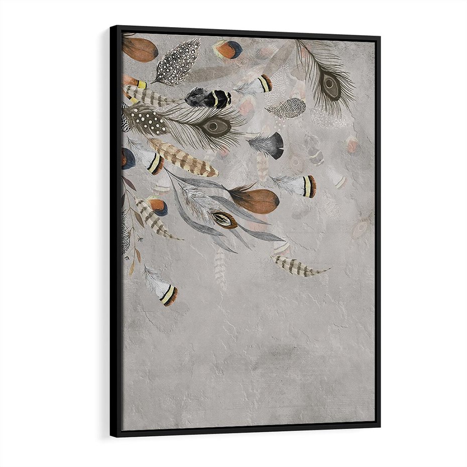 Obraz w ramie 70x100 - Sploty losu na płótnie - kompozycja boho piór, indiańskie pióra - rama czarna