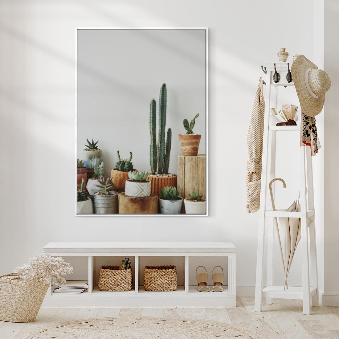 Obraz w ramie 50x70 - Naturalna Harmonia - kaktusy, liście - rama biała