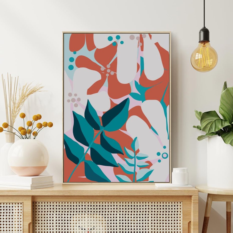 Obraz w ramie 80x120 - Harmonijne Formy - abstrakcyjna kompozycja kwiatowych form, kolor zgaszone - rama drewno