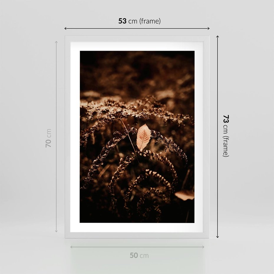 Plakat w ramie 50x70 - Gałęzie i Liść w Brązowej Tonacji - suche gałęzie, liść - rama biała