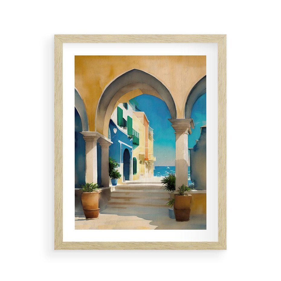 Plakat w ramie 40x50 - Nadmorskie Łuki - akwarela, śródziemnomorski klimat - rama drewno