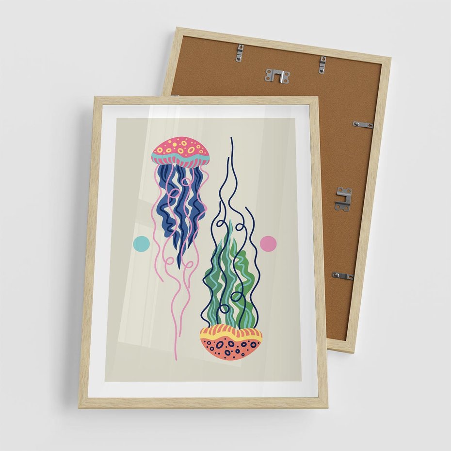 Plakat w ramie 50x70 - Morskie Pulsacje - nowoczesny optymistyczny plakat, kolorowe meduzy - rama drewno