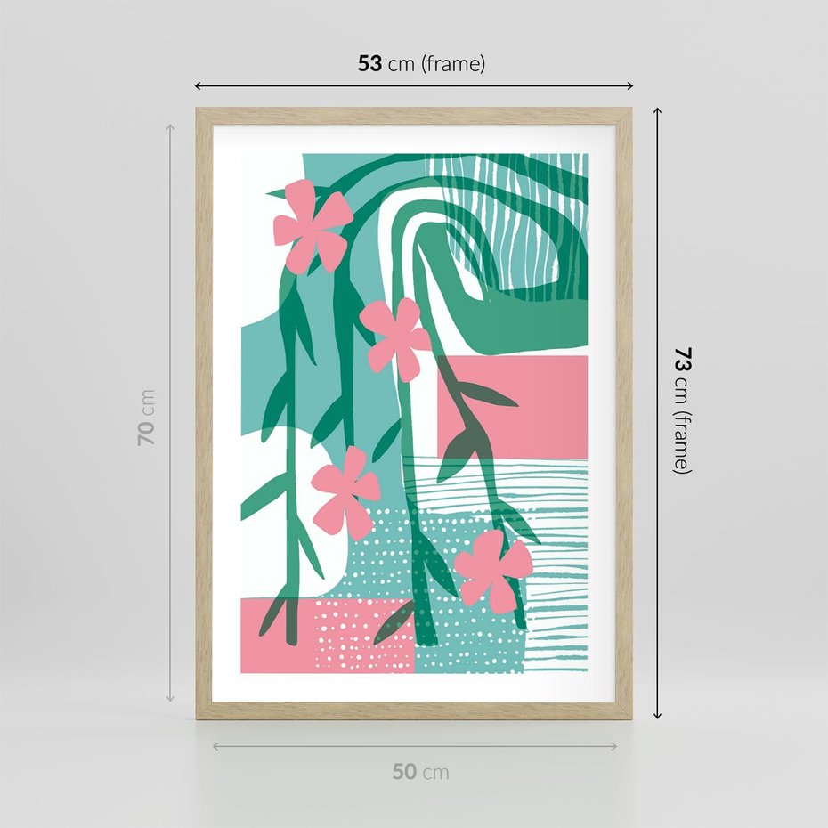 Plakat w ramie 50x70 - Rozkwitające Harmonie Form - abstrakcyjne pastelowe kwiaty, nowoczesna sztuka - rama drewno
