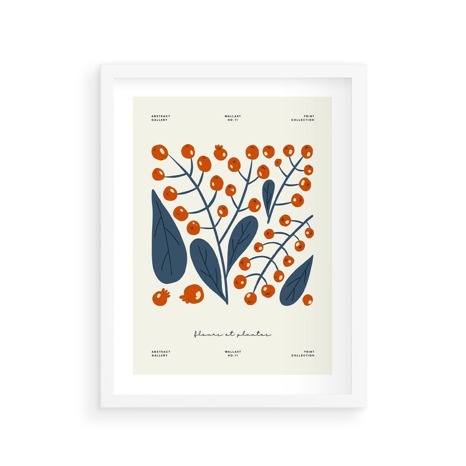 Plakat w ramie 30x40 - Minimalistyczna Uroda Jarzębin - jarzębiny, niebieskie liście - rama biała