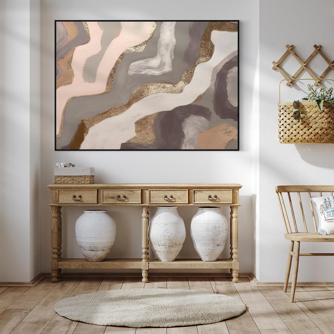 Obraz w ramie 100x70 - Płynne Fale - abstrakcja, neutralne kolory - rama czarna