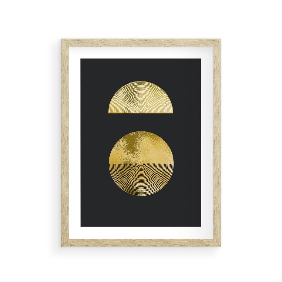 Plakat w ramie 30x40 - Migotliwe Przeniknięcia - złote koła, czarne tło - rama drewno