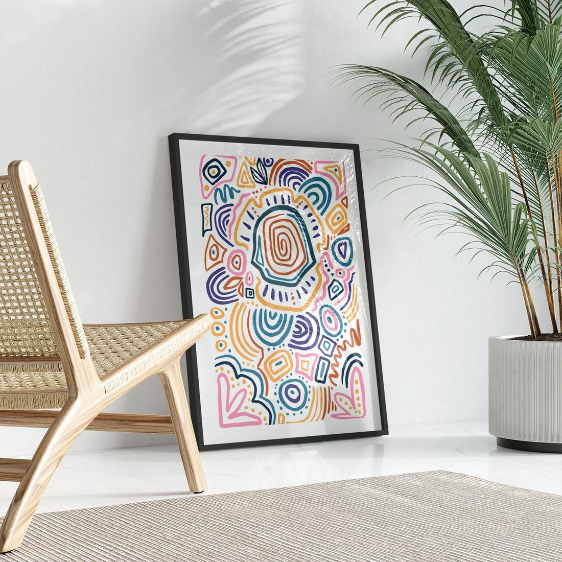 Plakat w ramie 30x40 - Strukturalne Odbicia Boho - kolorowe etniczne wzory, tęczowe żywe kolory - rama czarna