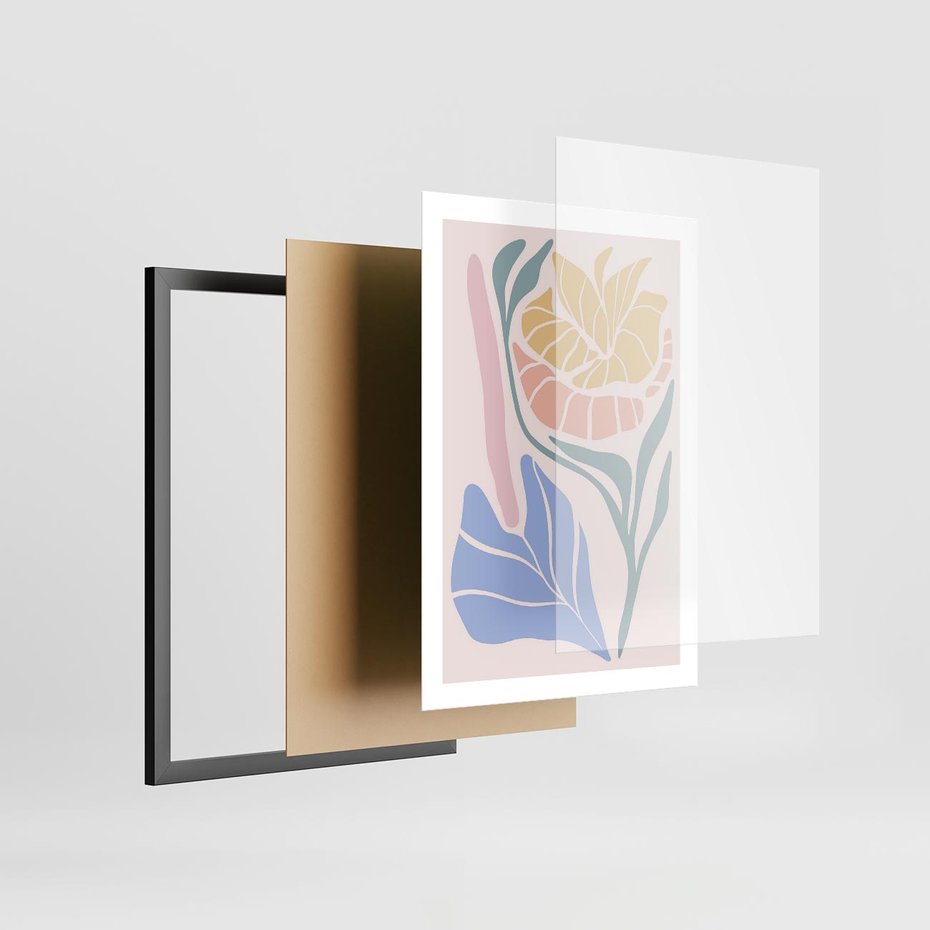 Plakat w ramie 50x70 - Kwiatowe Granice Kształtów - nowoczesny plakat, kwiaty w pastelowych kolorach - rama czarna
