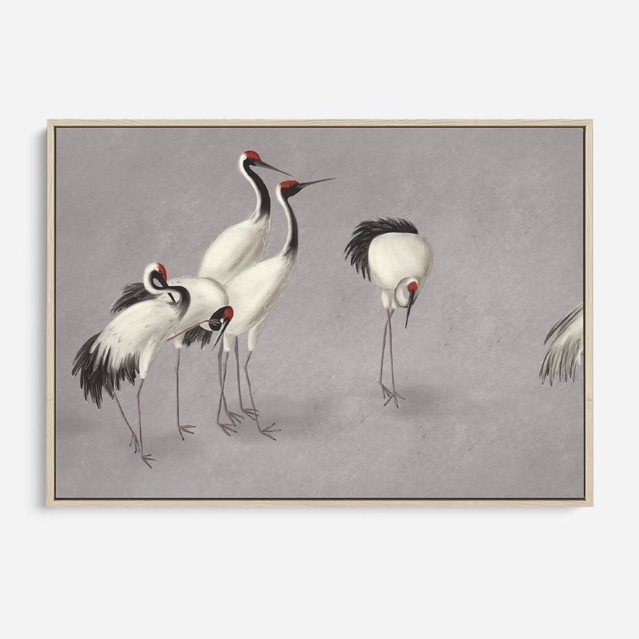 Obraz w ramie 100x70 - Spojrzenie wstecz w pędzlu - szkic rysunek, japońskie żurawie - rama drewno