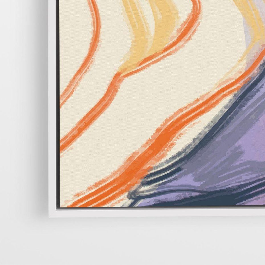 Obraz w ramie 80x80 - Pokreślony Świat - abstrakcyjne formy, odcienie pomarańczu i fioletu - rama biała