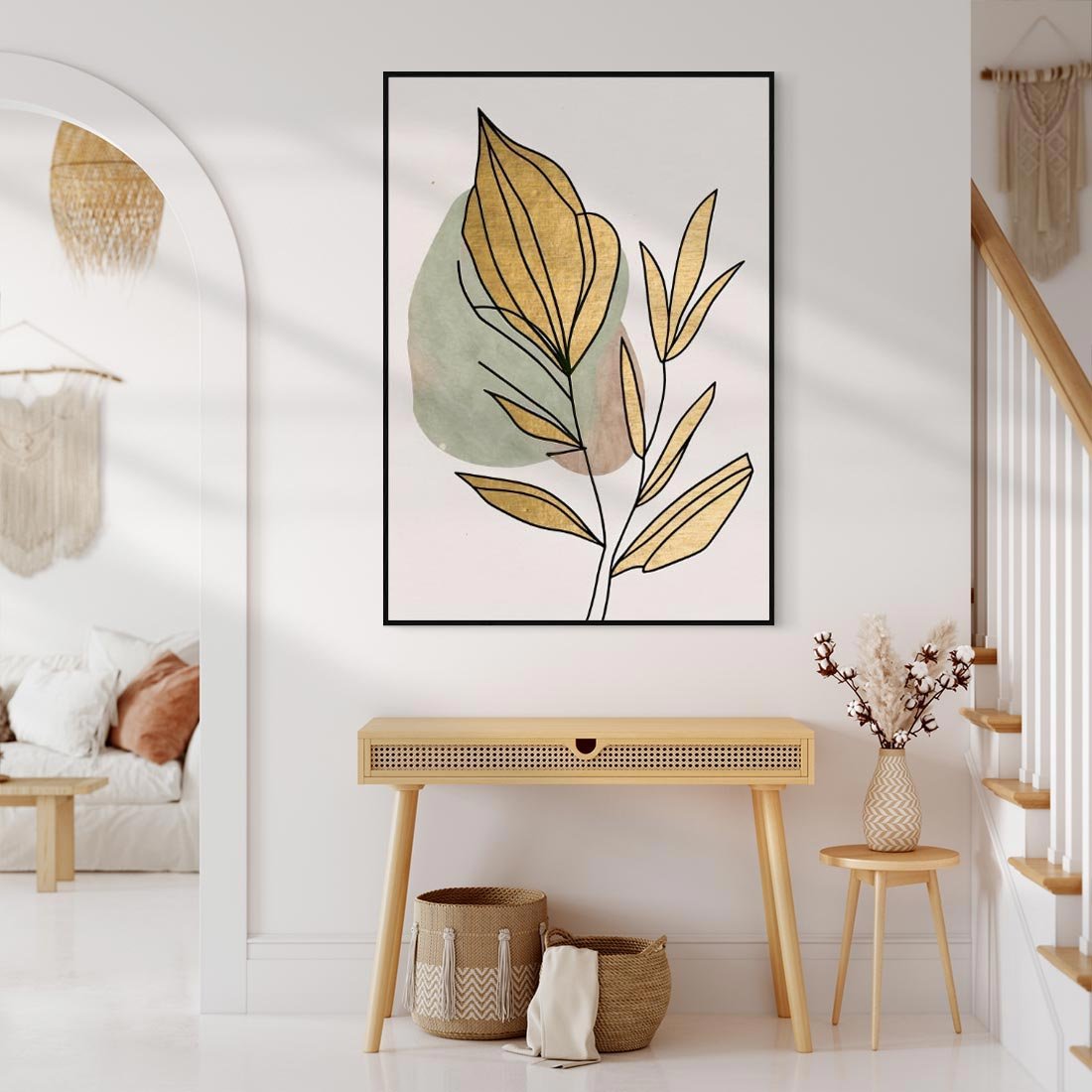 Obraz w ramie 50x70 - Rozkwitające Wnętrza Światła - abstrakcyjny obraz boho, liście - rama czarna