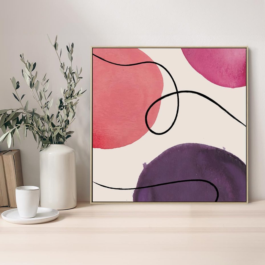 Obraz w ramie 50x50 - Migoczące Echo - abstrakcyjne akwarelowe plamy, nieregularne linie - rama drewno