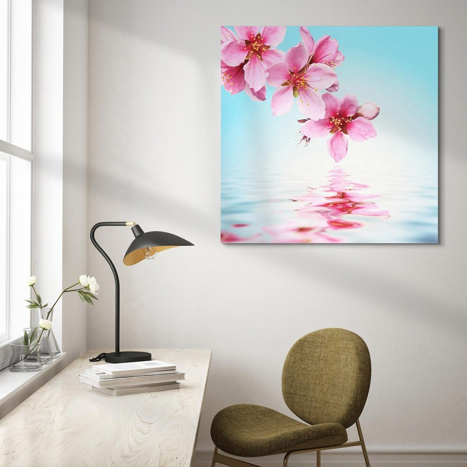 Obraz na płótnie 40x40 - Kwiatowa oaza nad wodą - kwiaty, woda
