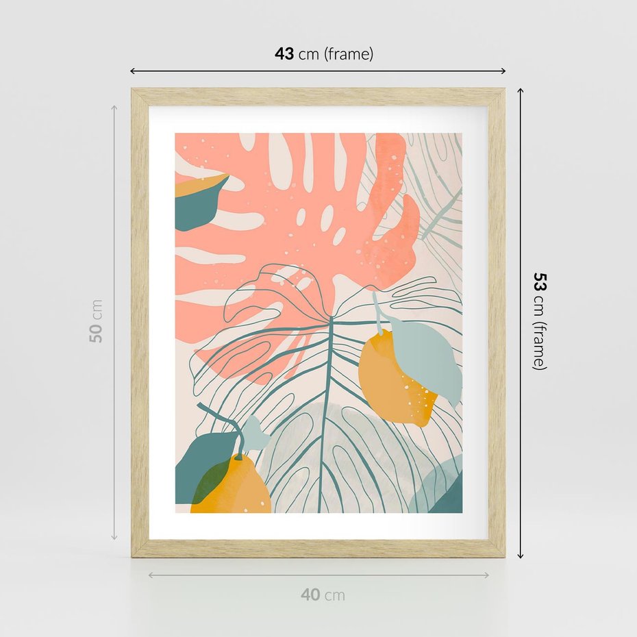 Plakat w ramie 40x50 - Sztuka Natury: Liście Monstery w Pastelach - nowoczesna grafika, pastelowe liście monstery - rama drewno