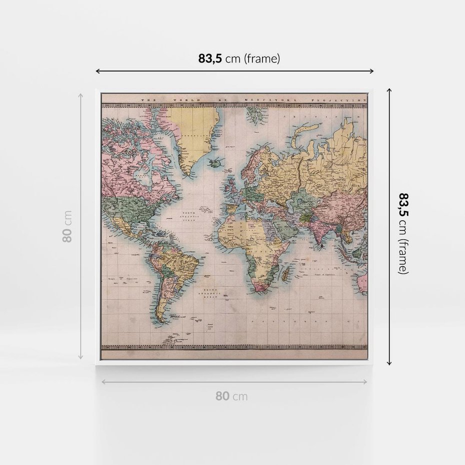 Obraz w ramie 80x80 - Światło Przeszłości - retro mapa świata, mapa - rama biała