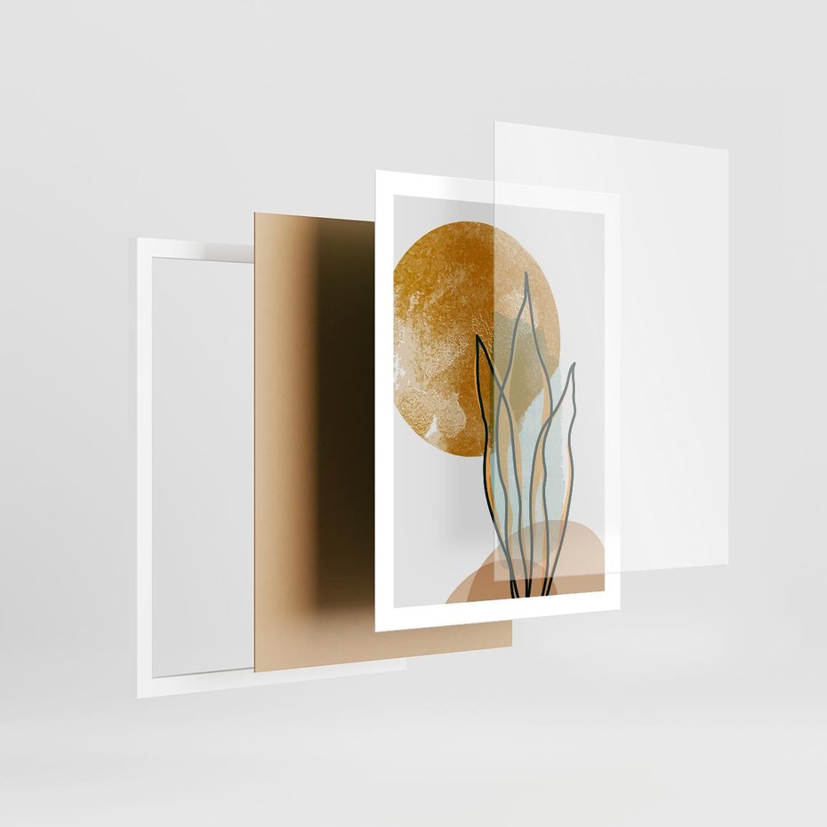 Plakat w ramie 50x70 - Światło Natury: Graficzne Liście i Złote Słońce - grafika, graficzne liście - rama biała