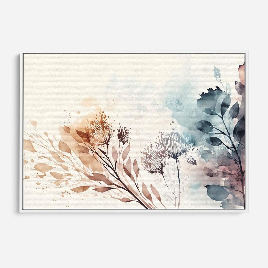 Obraz w ramie 100x70 - Nostalgiczne tańce pędzla - akwarelowe kwiaty, gałęzie - rama biała