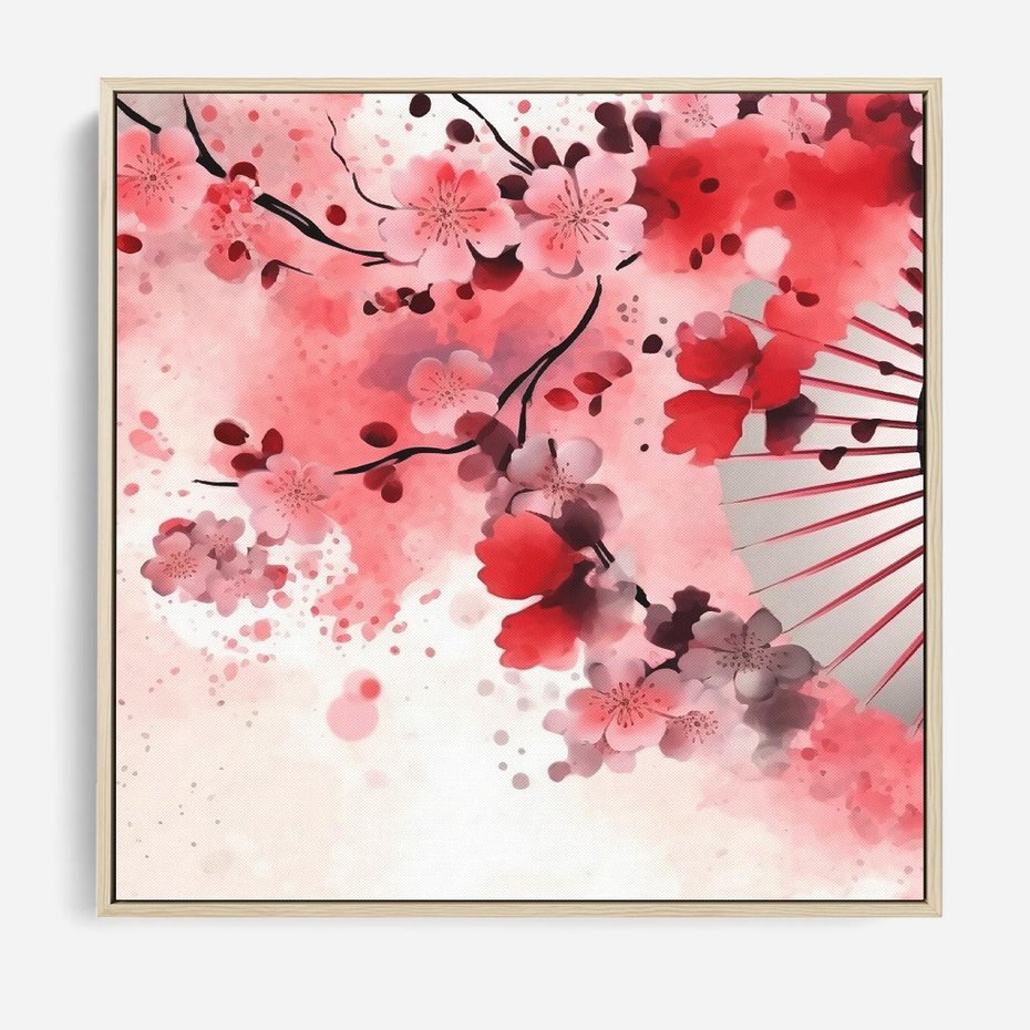 Obraz w ramie 50x50 - Szept Kwitnącej Wiśni - japoński parasol, liście - rama drewno