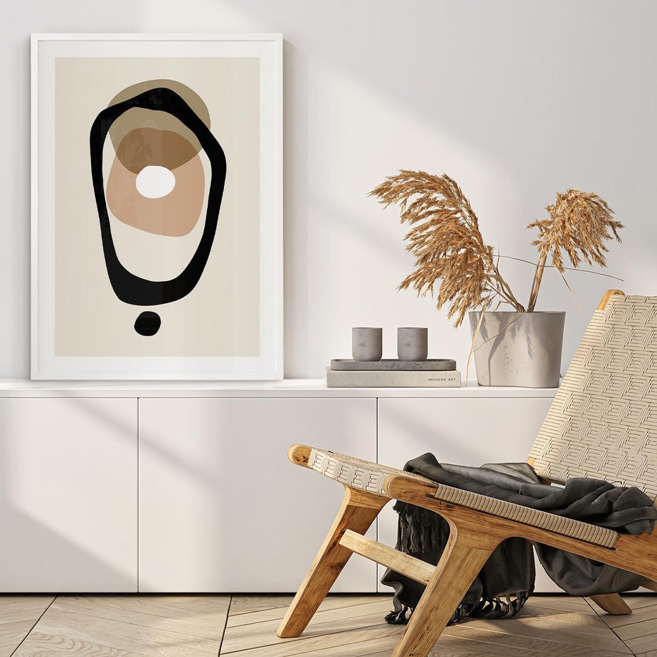 Plakat bez ramy 21x30 - Intrygujące Zaskoczenia - beżowa abstrakcyjna kompozycja, czarny akcent