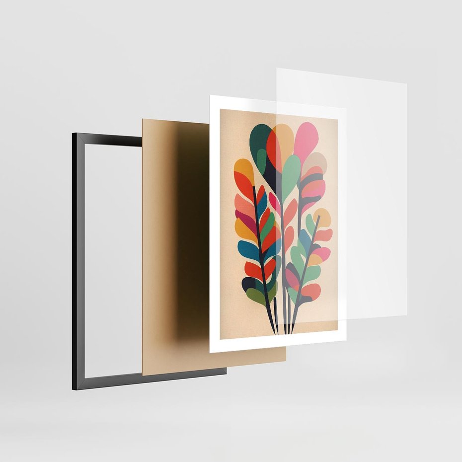 Plakat w ramie 50x70 - Symfonia Wzrokowych Impresji - abstrakcyjny kolorowy tęczowy obraz, inspiracje roślinne - rama czarna