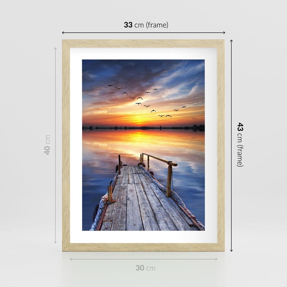 Plakat w ramie 30x40 - Zachód słońca na pomostcie - pomost, zachód - rama drewno