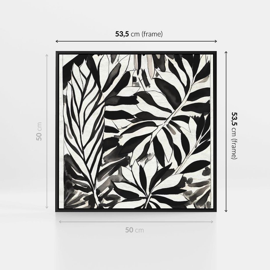 Obraz w ramie 50x50 - Czarne Liście - akwarelowy obraz, czarno biały - rama czarna