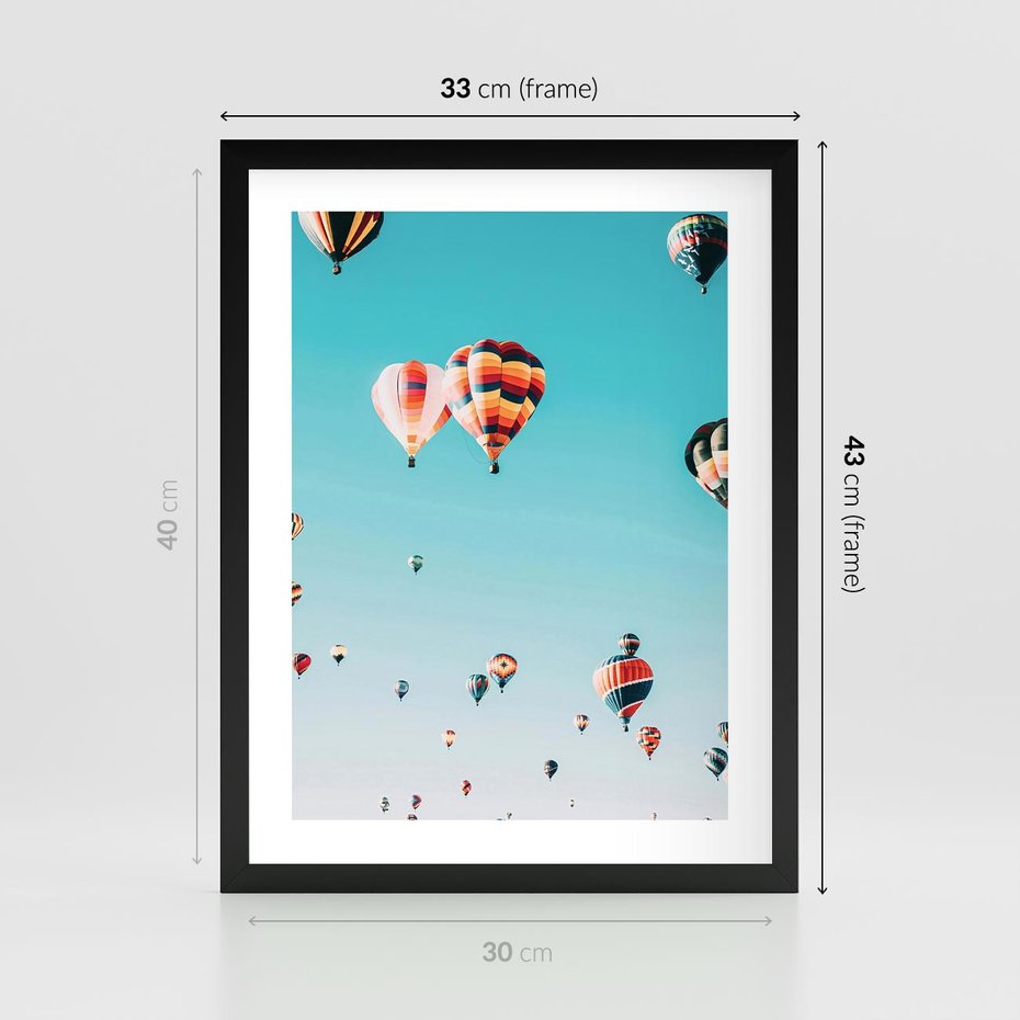 Plakat w ramie 30x40 - Balonowa Ekscytacja - balony latają w powietrzu, wyścigi balonów - rama czarna