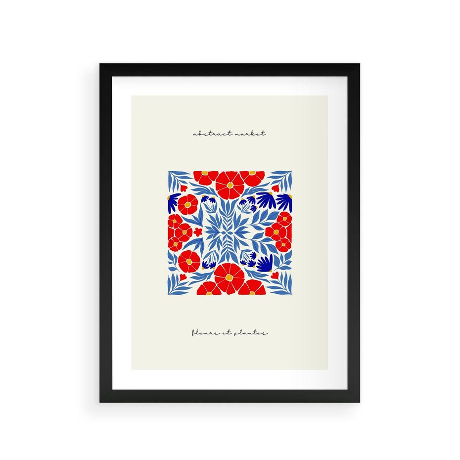 Plakat w ramie 30x40 - Tajemnicza Droga - nowoczesna kwiatowa kompozycja, czerwony i niebieski - rama czarna