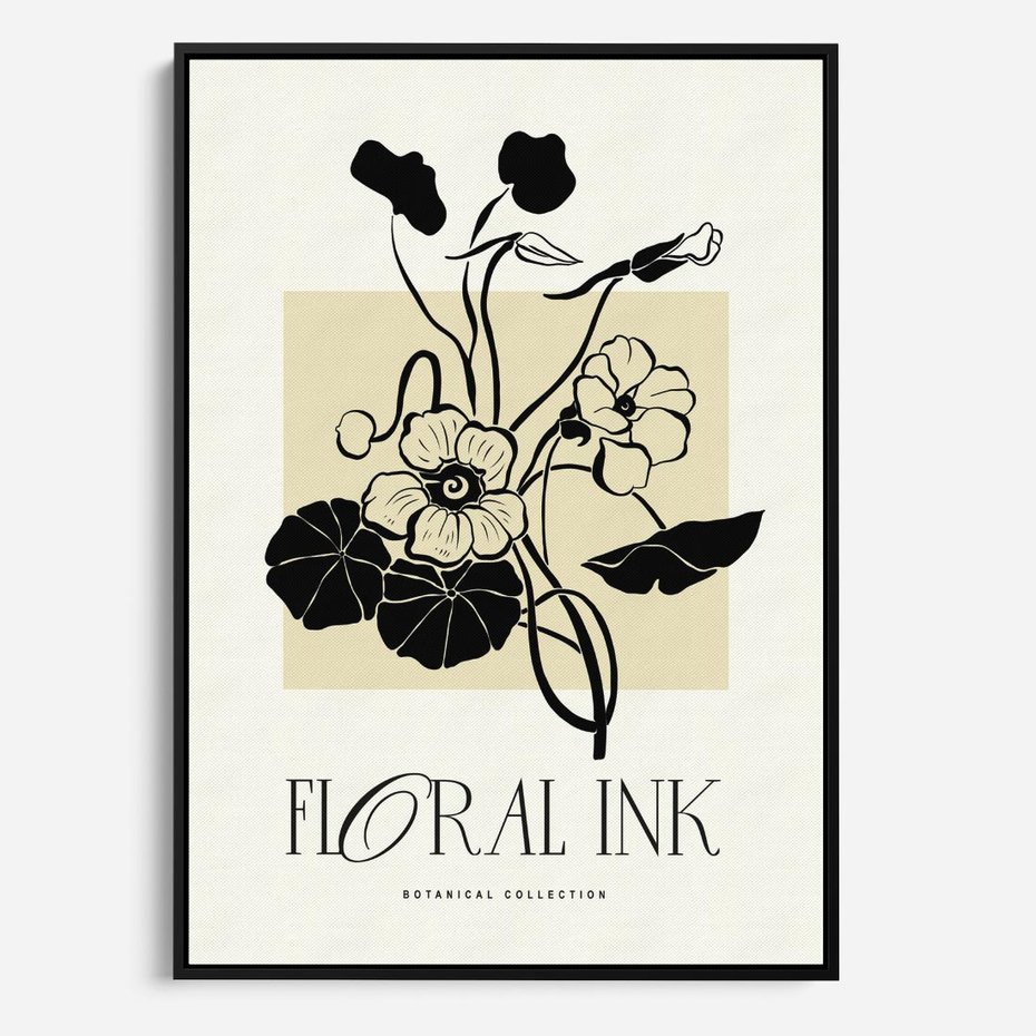 Obraz w ramie 50x70 - Podróż linii kwiatowego czasu - kwiaty, typografia - rama czarna