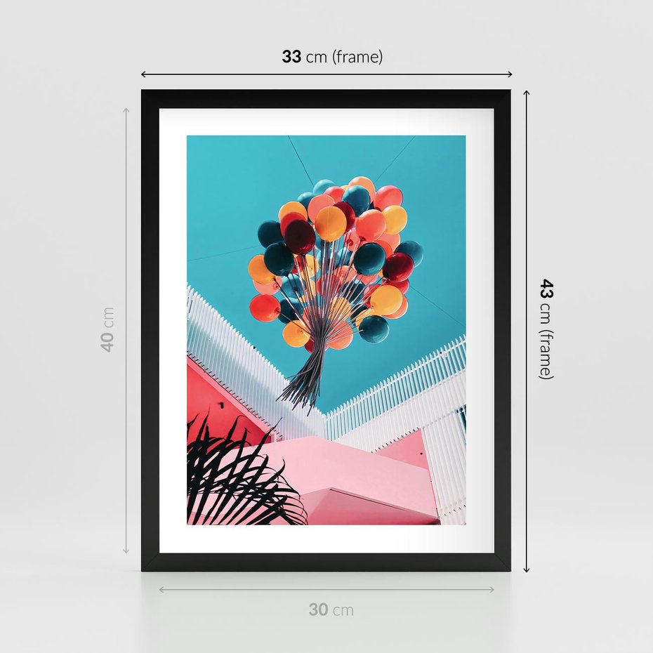Plakat w ramie 30x40 - Kolorowe Balony Pod Niebem - kolorowe balony na tle niebieskiego nieba - rama czarna
