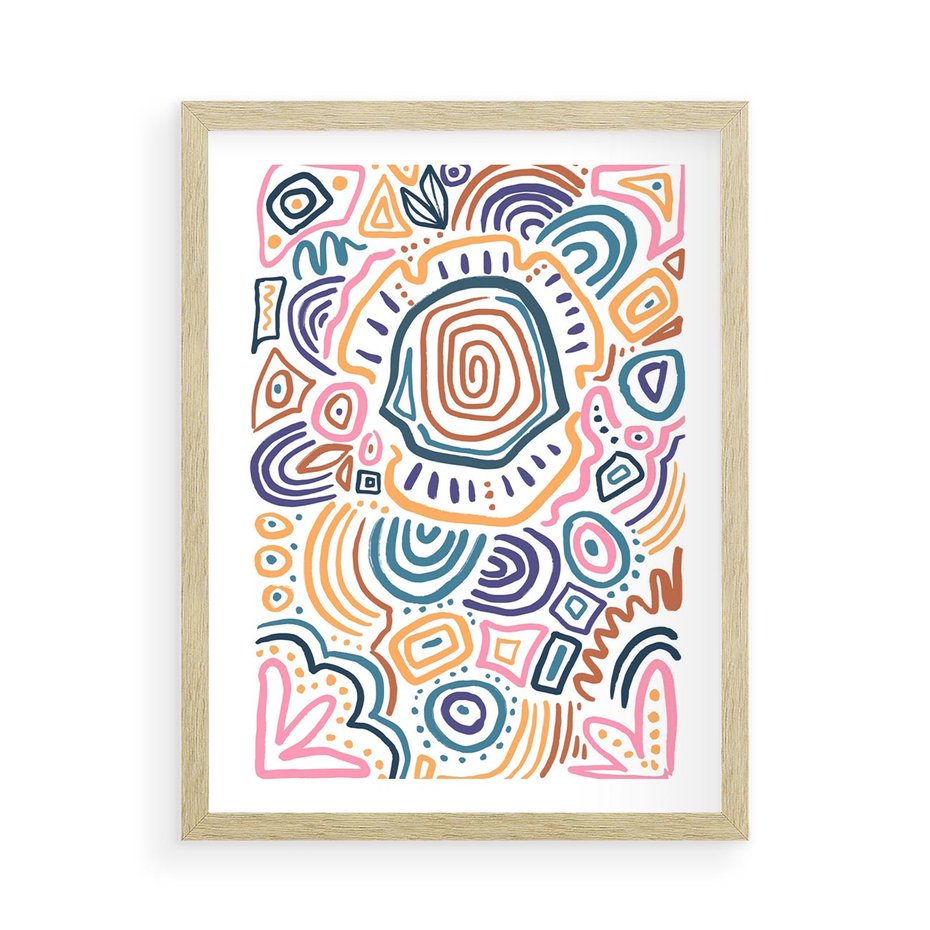 Plakat w ramie 50x70 - Strukturalne Odbicia Boho - kolorowe etniczne wzory, tęczowe żywe kolory - rama drewno