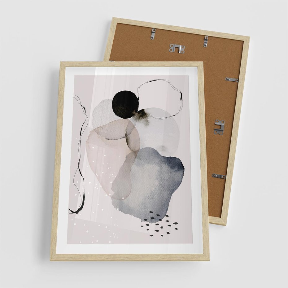 Plakat w ramie 50x70 - Migocące Barwy - abstrakcyjne plamy akwarelowe, czarny szkic - rama drewno