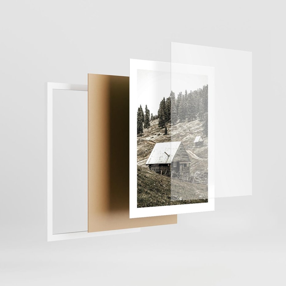 Plakat w ramie 30x40 - Ustronne Chatki w Górach - rustykalne domki w górach, sepia - rama biała