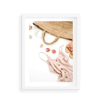 Plakat w ramie 50x70 - Moda na Plażę - kompozycja fashion, sukienka - rama biała