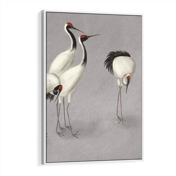 Obraz w ramie 80x120 - Spojrzenie wstecz w pędzlu - szkic rysunek, japońskie żurawie - rama biała