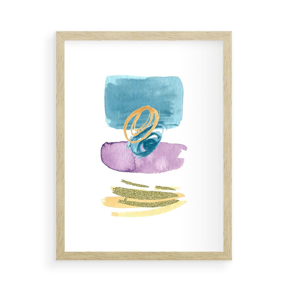 Plakat w ramie 50x70 - Taniec Akwarelowych Kresek - akwarelowe plamy w odcieniach błękitu, złote kreski - rama drewno