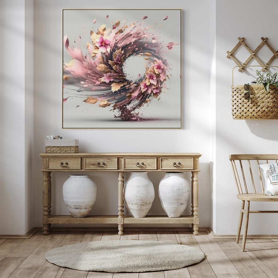 Obraz w ramie 50x50 - Kwiatowy Wir - nowoczesna grafika komputerowa, wir z kwiatów - rama drewno