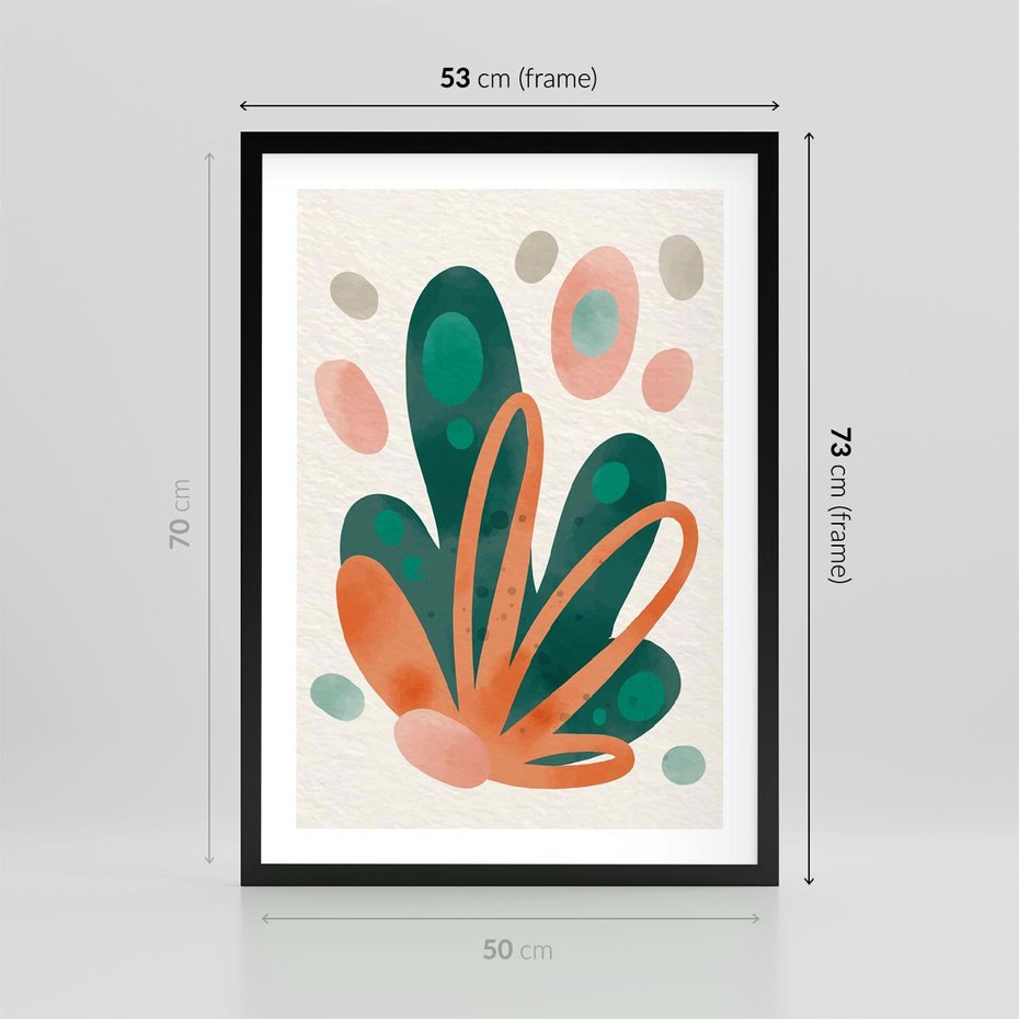 Plakat w ramie 50x70 - Harmonia bez Harmonii - akwarelowe abstrakcyjne kształty, zieleń i pomarańcz - rama czarna