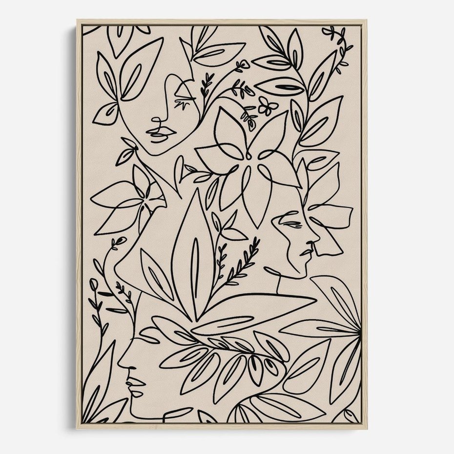 Obraz w ramie 80x120 - Kobiecy Portret Duszy - beżowe tło, czarny szkic nowoczesnych kwiatów - rama drewno